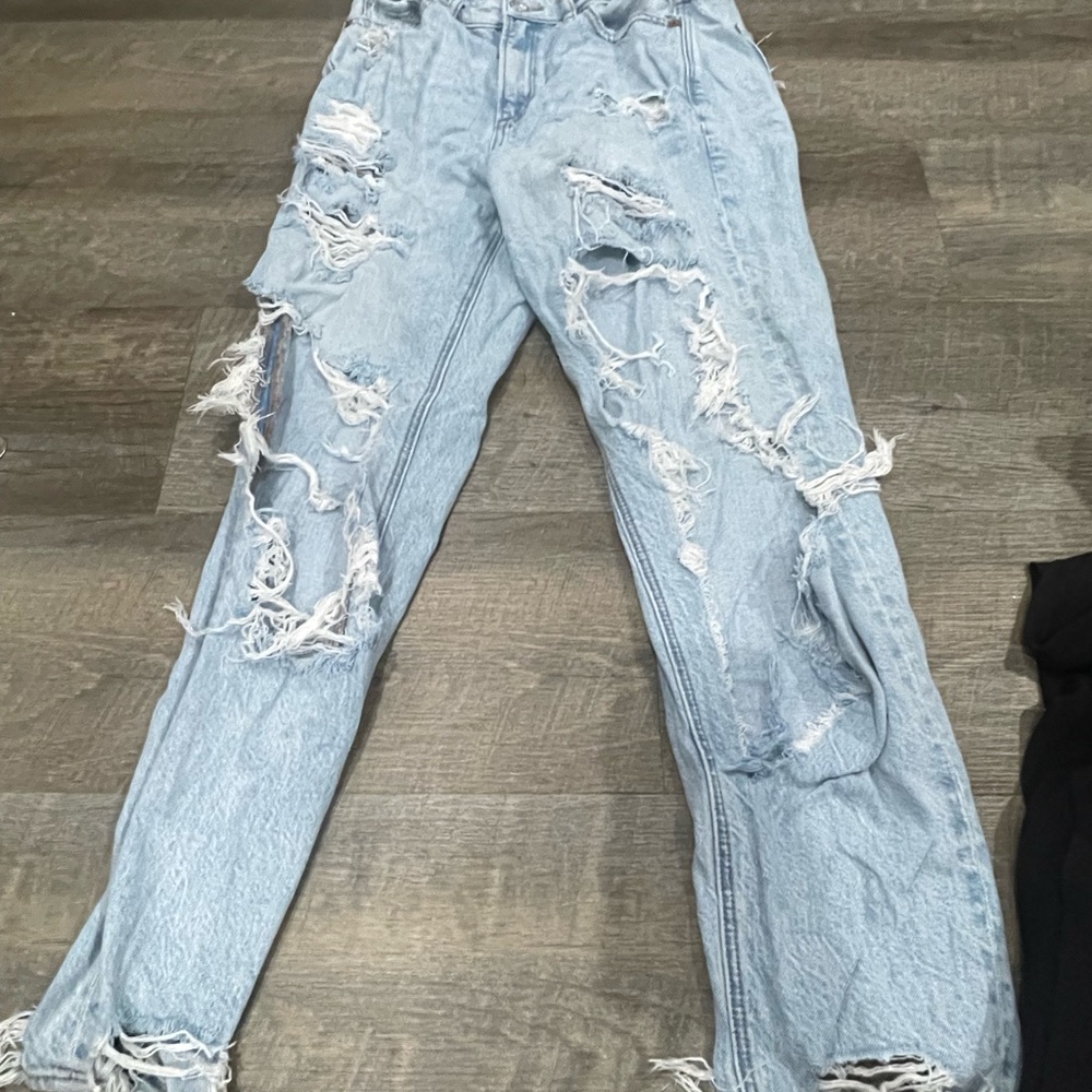 American Eagle Outfitters Distressed High Rise Jeans - Light Blue